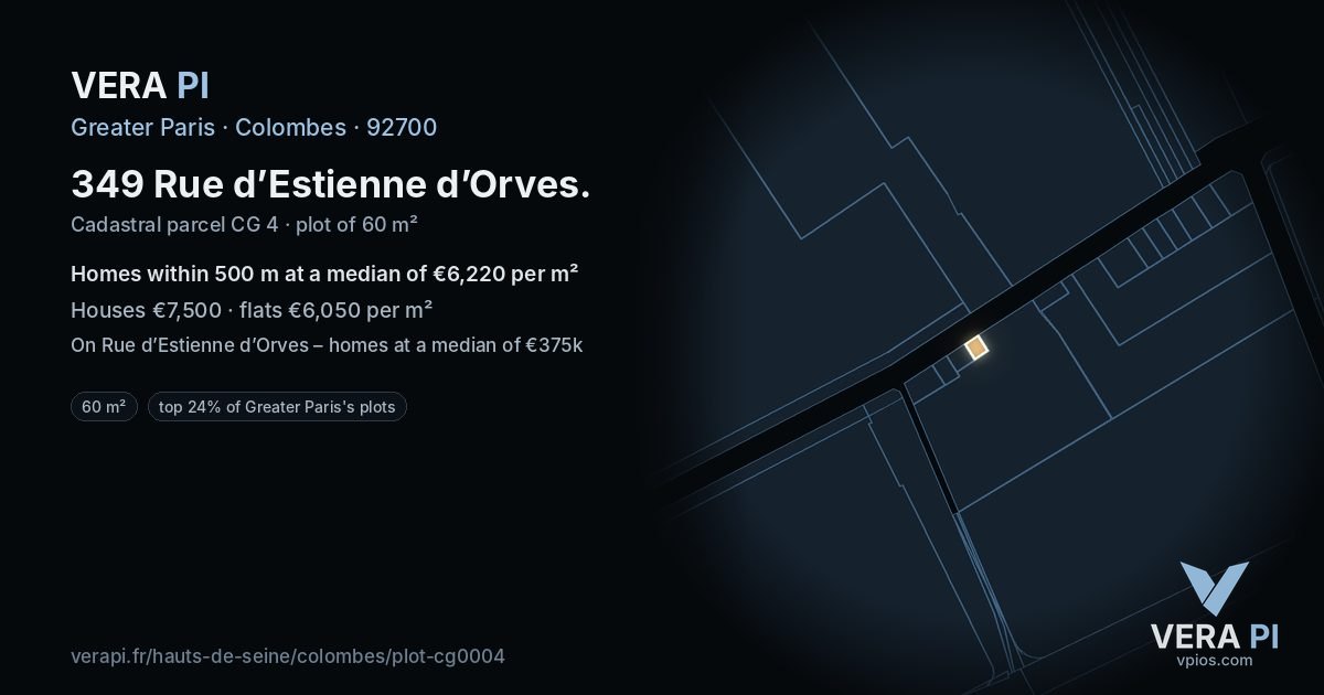 349 Rue d’Estienne d’Orves, Colombes at night – the plot lit, the parcels around coloured by the prices near them