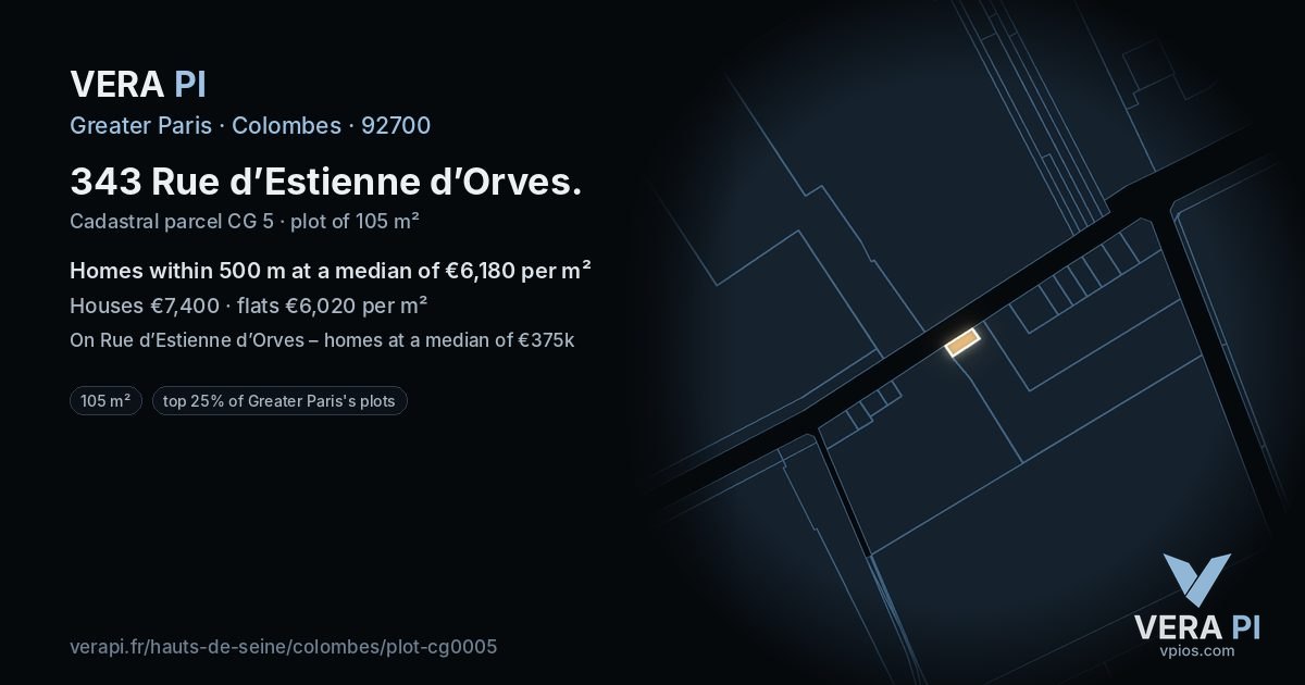 343 Rue d’Estienne d’Orves, Colombes at night – the plot lit, the parcels around coloured by the prices near them
