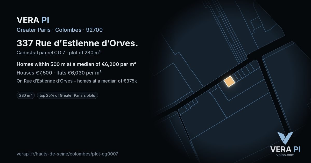 337 Rue d’Estienne d’Orves, Colombes at night – the plot lit, the parcels around coloured by the prices near them