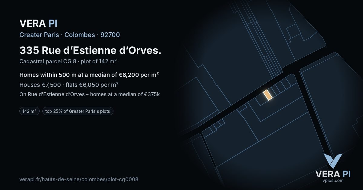 335 Rue d’Estienne d’Orves, Colombes at night – the plot lit, the parcels around coloured by the prices near them