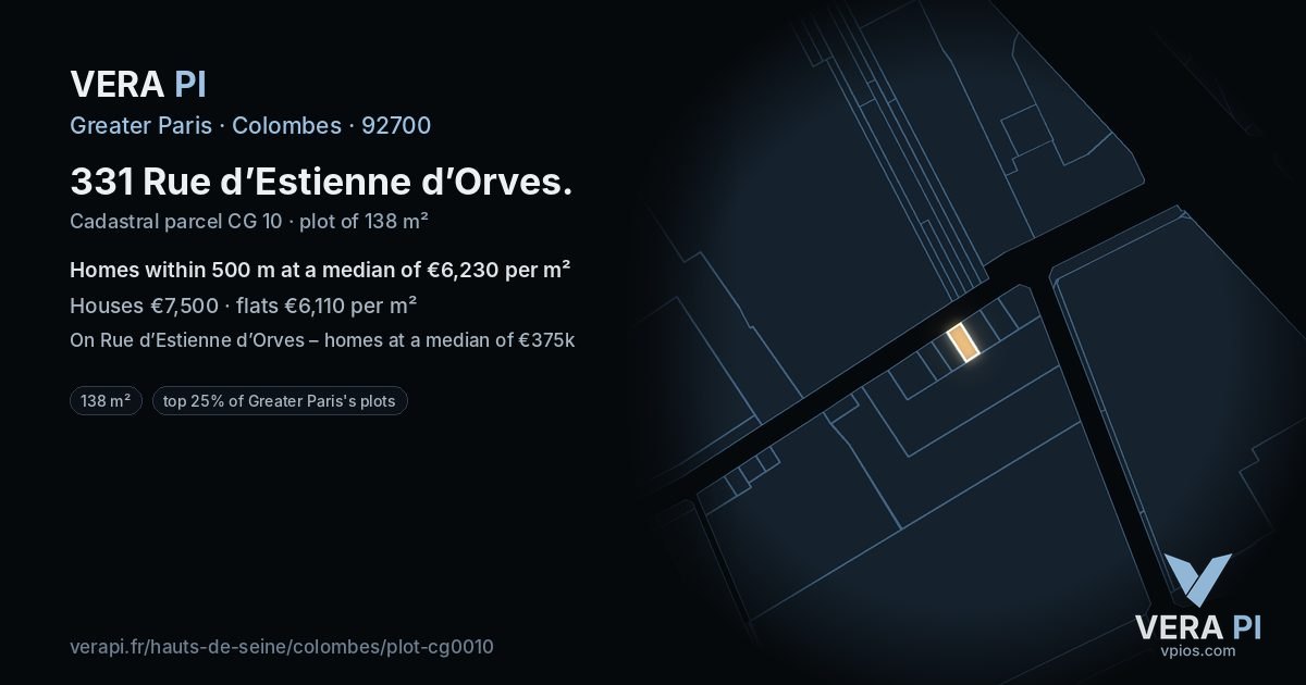 331 Rue d’Estienne d’Orves, Colombes at night – the plot lit, the parcels around coloured by the prices near them