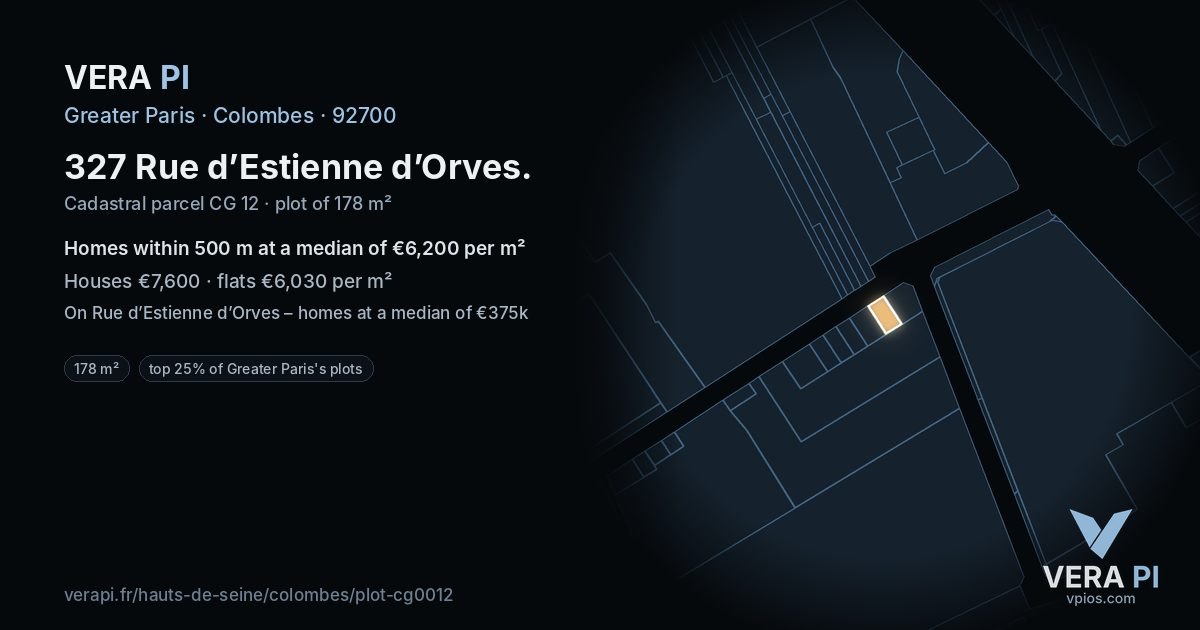 327 Rue d’Estienne d’Orves, Colombes at night – the plot lit, the parcels around coloured by the prices near them