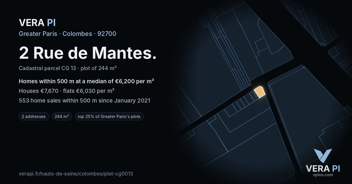 2 Rue de Mantes, Colombes at night – the plot lit, the parcels around coloured by the prices near them