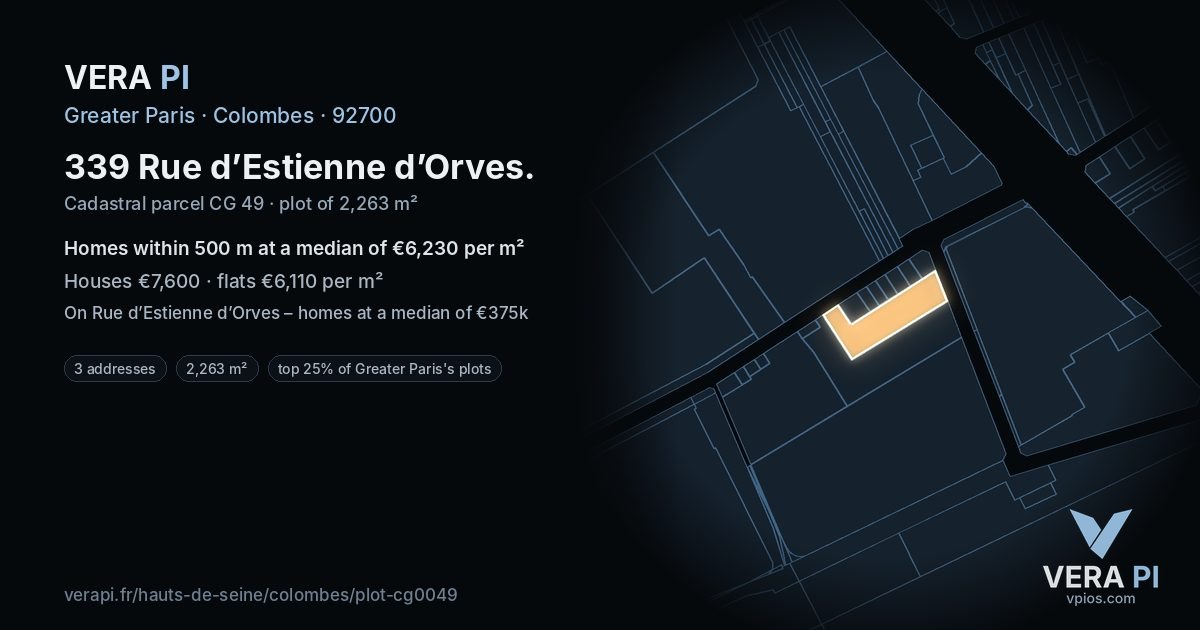 339 Rue d’Estienne d’Orves, Colombes at night – the plot lit, the parcels around coloured by the prices near them