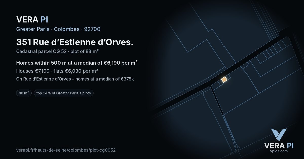 351 Rue d’Estienne d’Orves, Colombes at night – the plot lit, the parcels around coloured by the prices near them