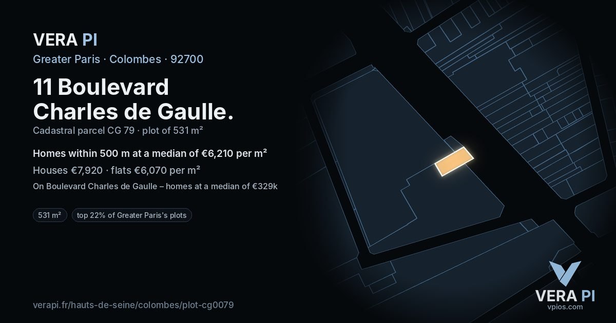 11 Boulevard Charles de Gaulle, Colombes at night – the plot lit, the parcels around coloured by the prices near them