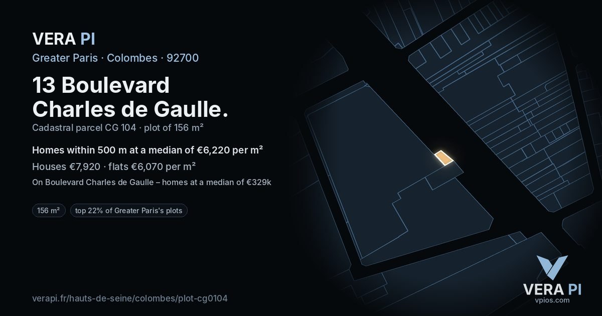 13 Boulevard Charles de Gaulle, Colombes at night – the plot lit, the parcels around coloured by the prices near them