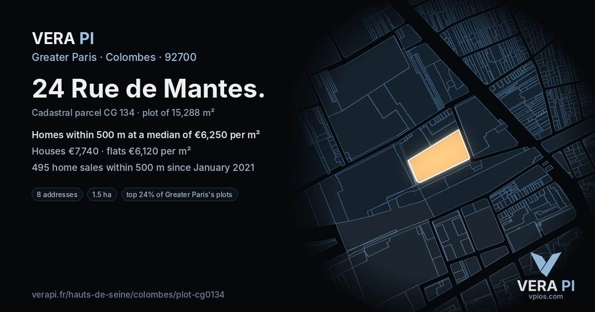24 Rue de Mantes, Colombes at night – the plot lit, the parcels around coloured by the prices near them