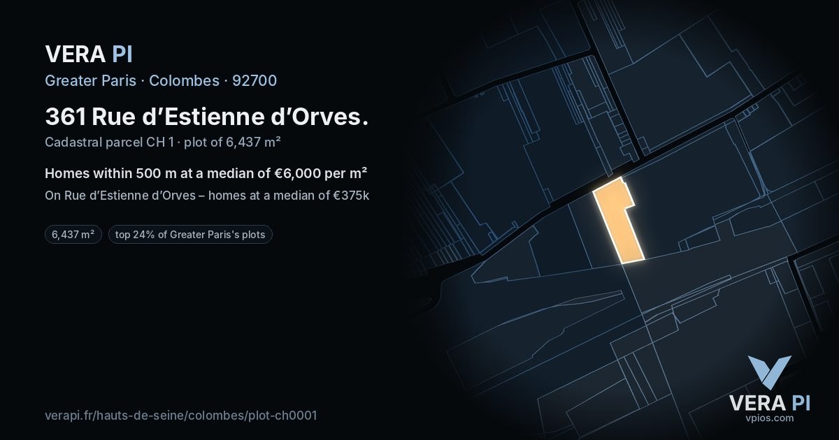 361 Rue d’Estienne d’Orves, Colombes at night – the plot lit, the parcels around coloured by the prices near them