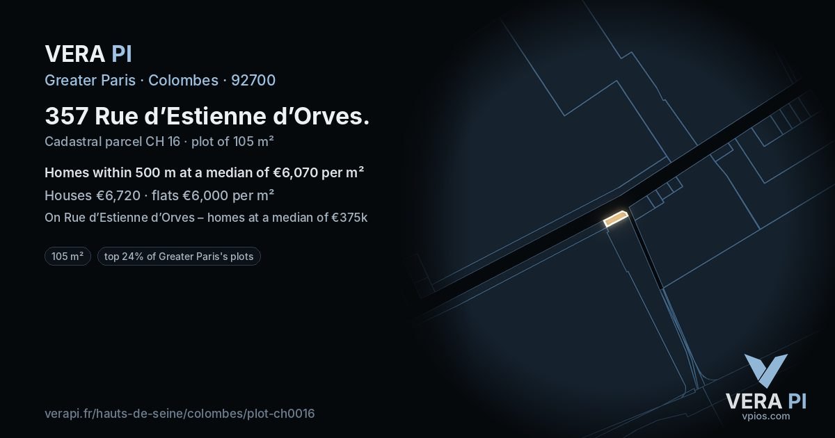 357 Rue d’Estienne d’Orves, Colombes at night – the plot lit, the parcels around coloured by the prices near them