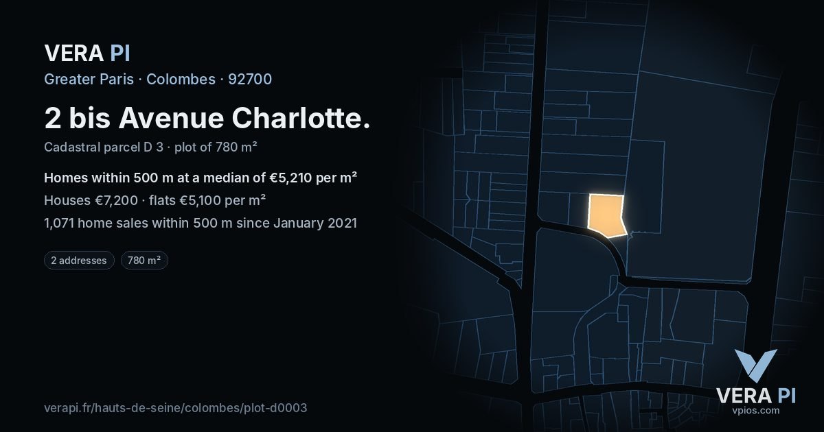 2 bis Avenue Charlotte, Colombes at night – the plot lit, the parcels around coloured by the prices near them