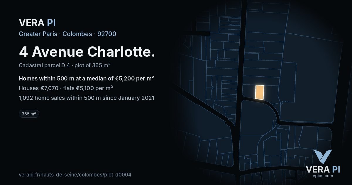 4 Avenue Charlotte, Colombes at night – the plot lit, the parcels around coloured by the prices near them