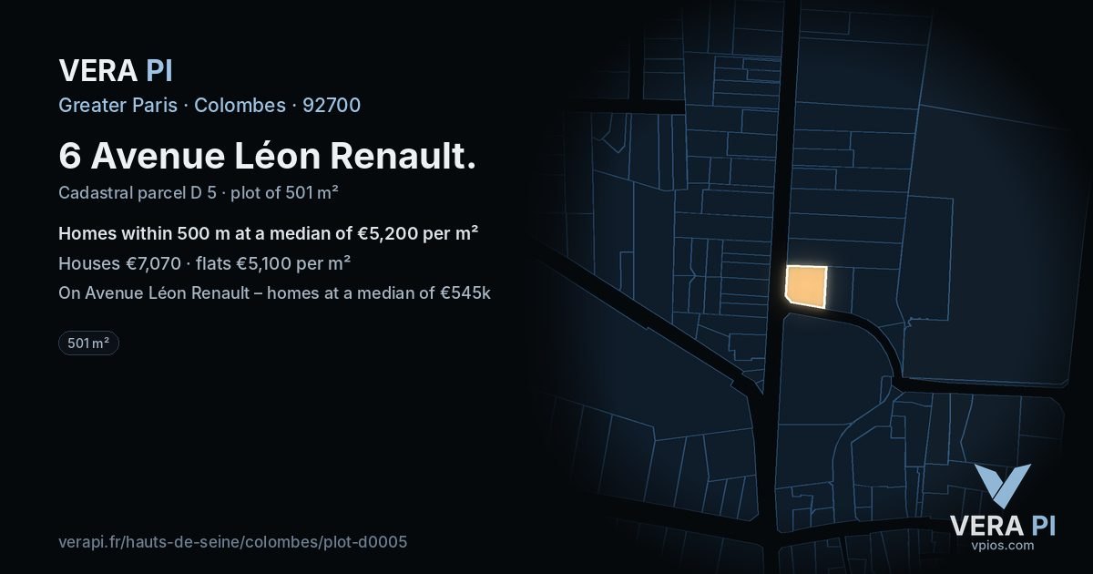 6 Avenue Léon Renault, Colombes at night – the plot lit, the parcels around coloured by the prices near them