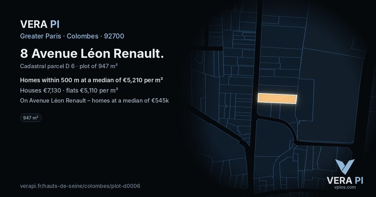 8 Avenue Léon Renault, Colombes at night – the plot lit, the parcels around coloured by the prices near them
