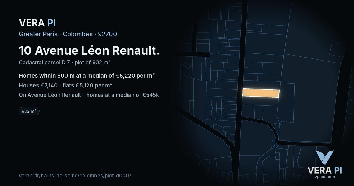 10 Avenue Léon Renault, Colombes at night – the plot lit, the parcels around coloured by the prices near them