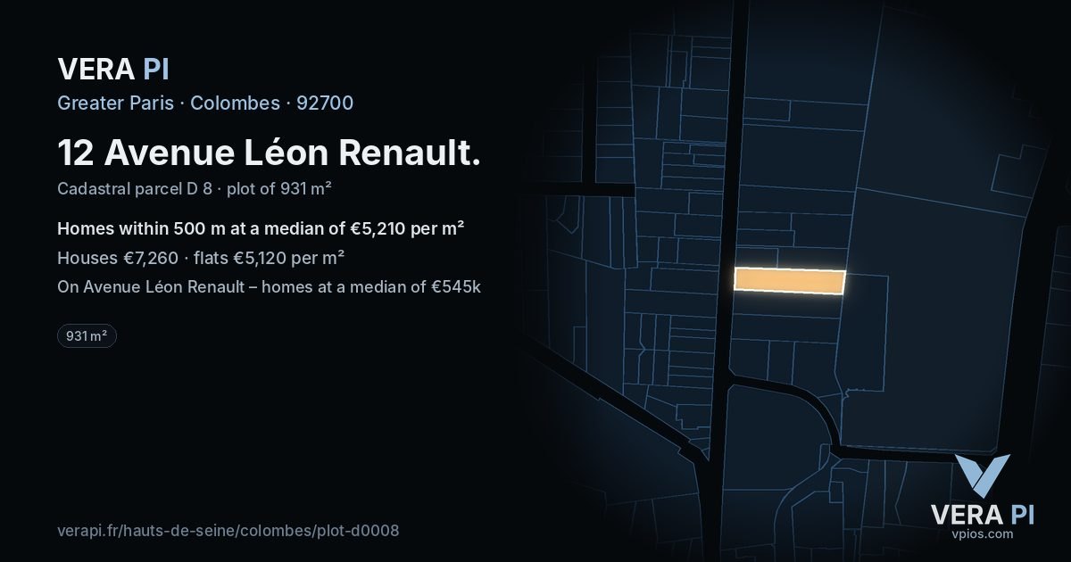 12 Avenue Léon Renault, Colombes at night – the plot lit, the parcels around coloured by the prices near them