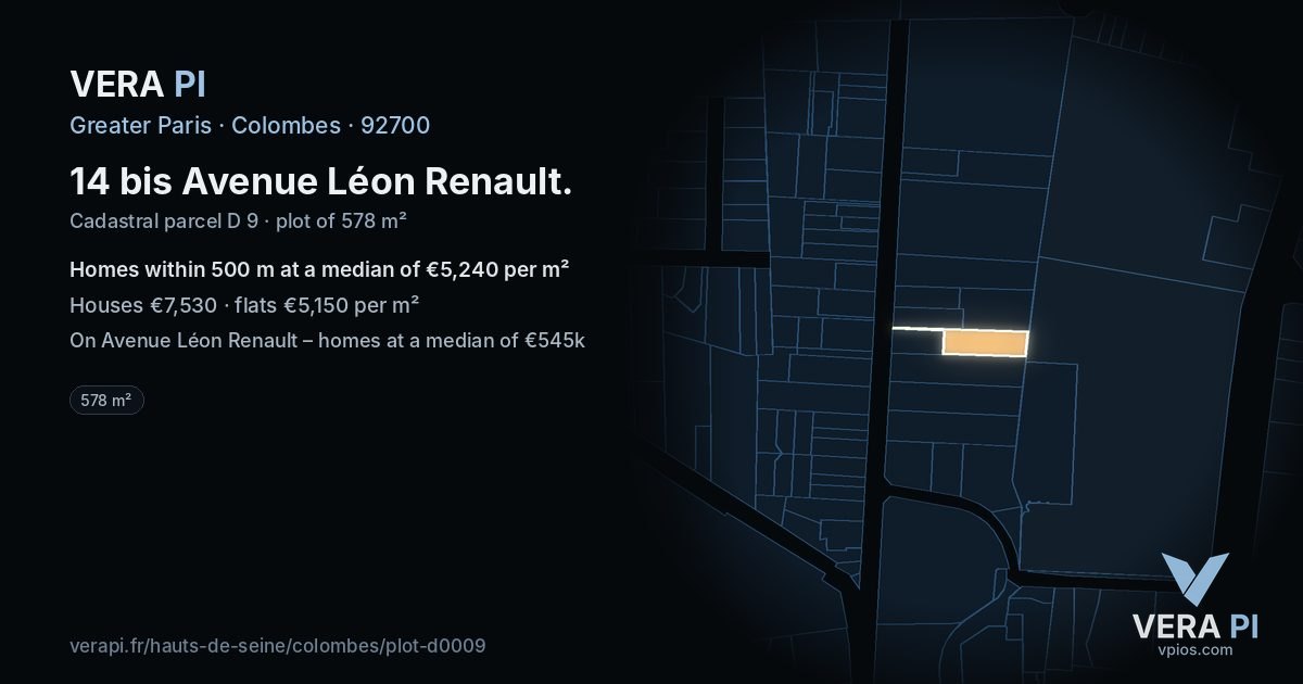 14 bis Avenue Léon Renault, Colombes at night – the plot lit, the parcels around coloured by the prices near them