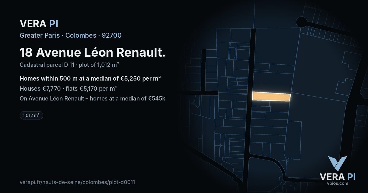 18 Avenue Léon Renault, Colombes at night – the plot lit, the parcels around coloured by the prices near them