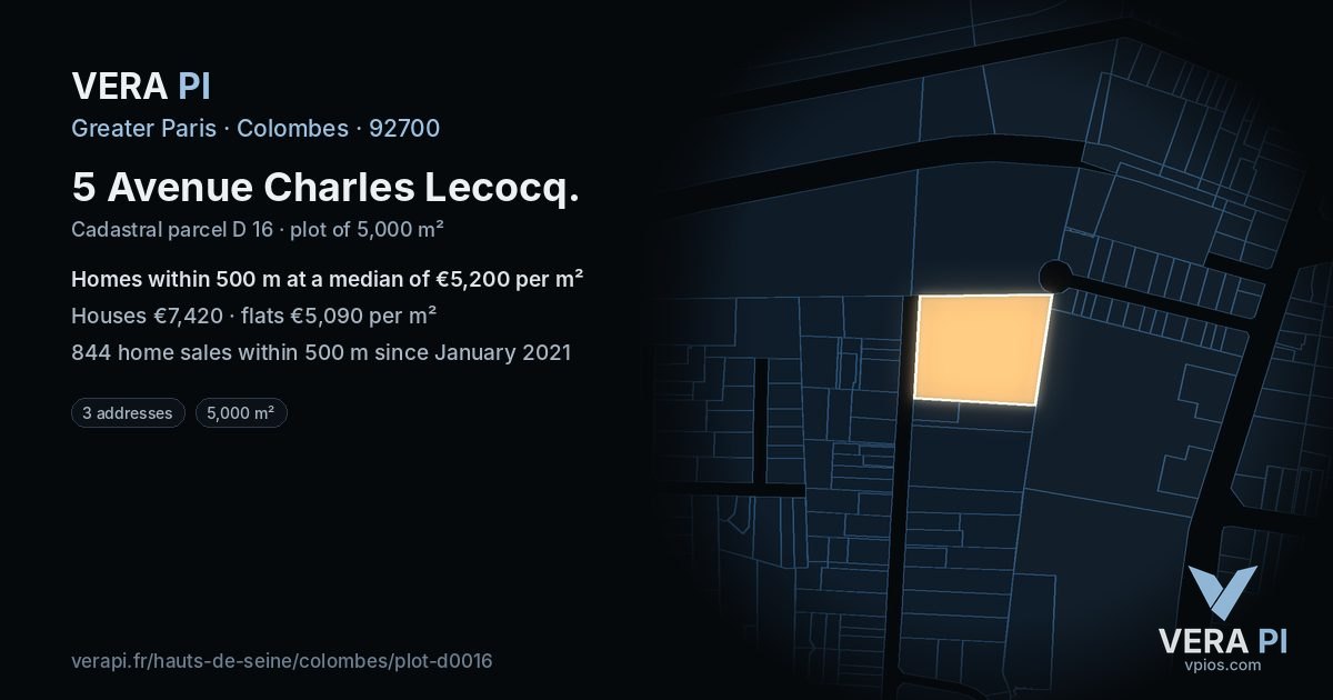 5 Avenue Charles Lecocq, Colombes at night – the plot lit, the parcels around coloured by the prices near them