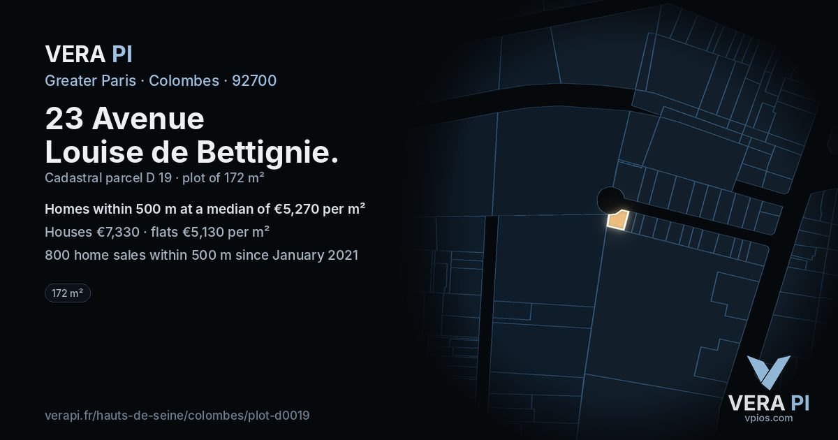 23 Avenue Louise de Bettignie, Colombes at night – the plot lit, the parcels around coloured by the prices near them