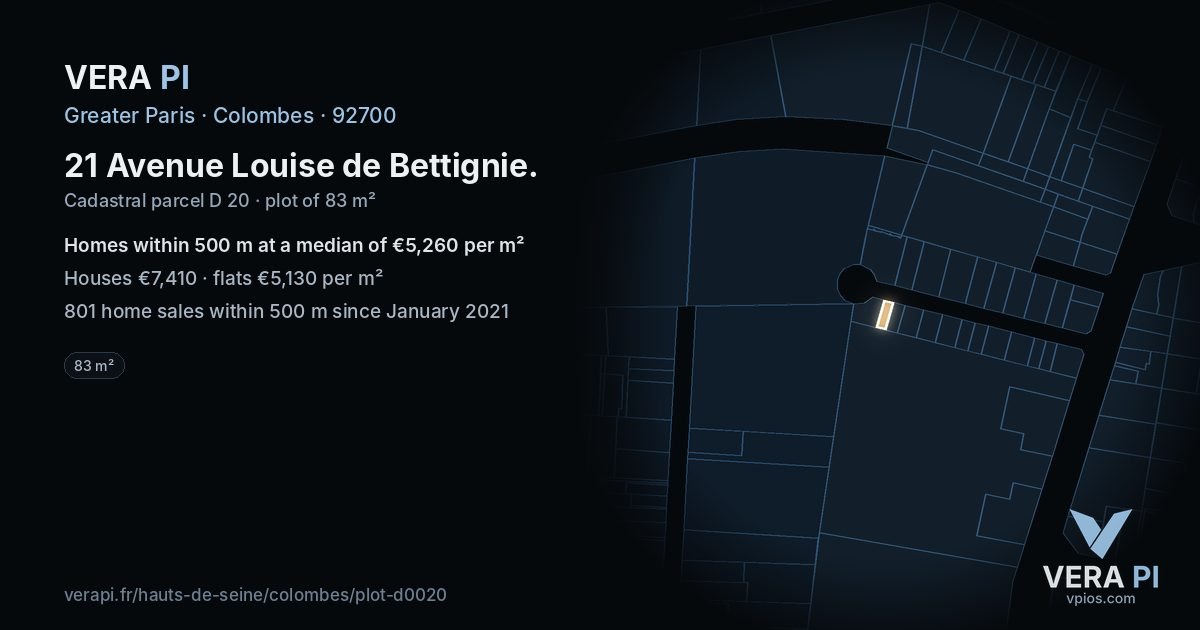 21 Avenue Louise de Bettignie, Colombes at night – the plot lit, the parcels around coloured by the prices near them