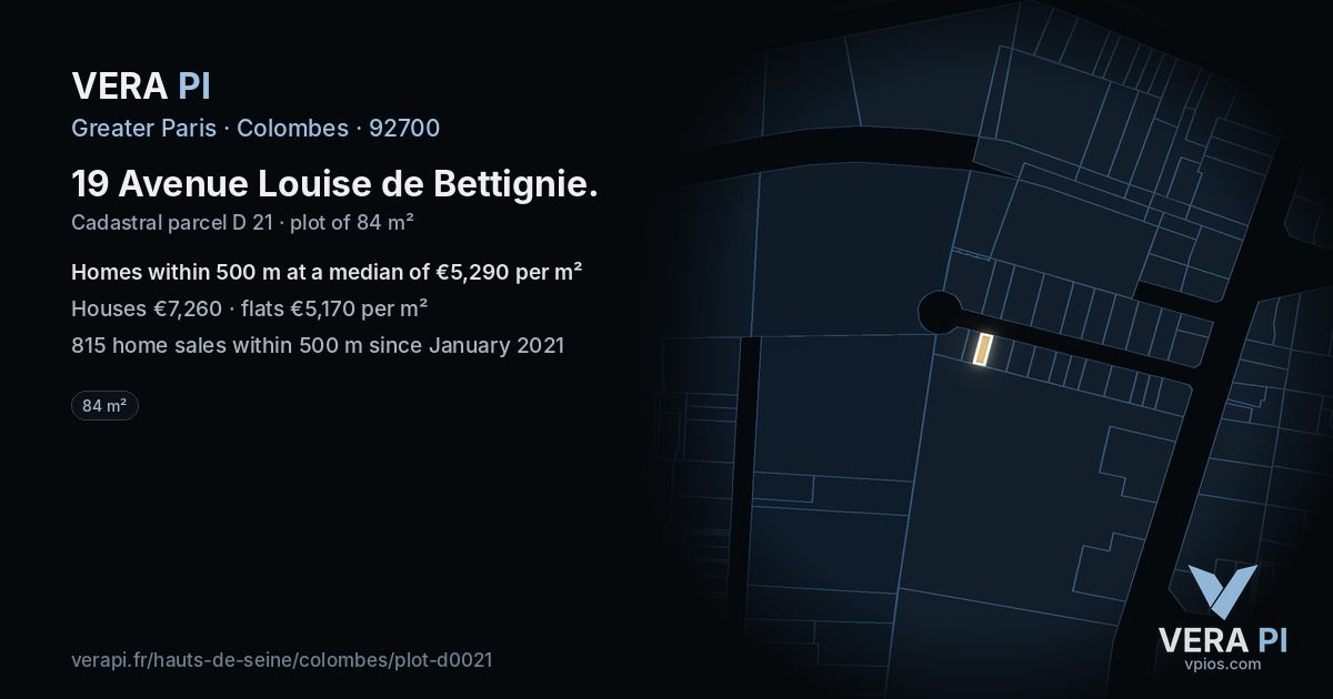 19 Avenue Louise de Bettignie, Colombes at night – the plot lit, the parcels around coloured by the prices near them