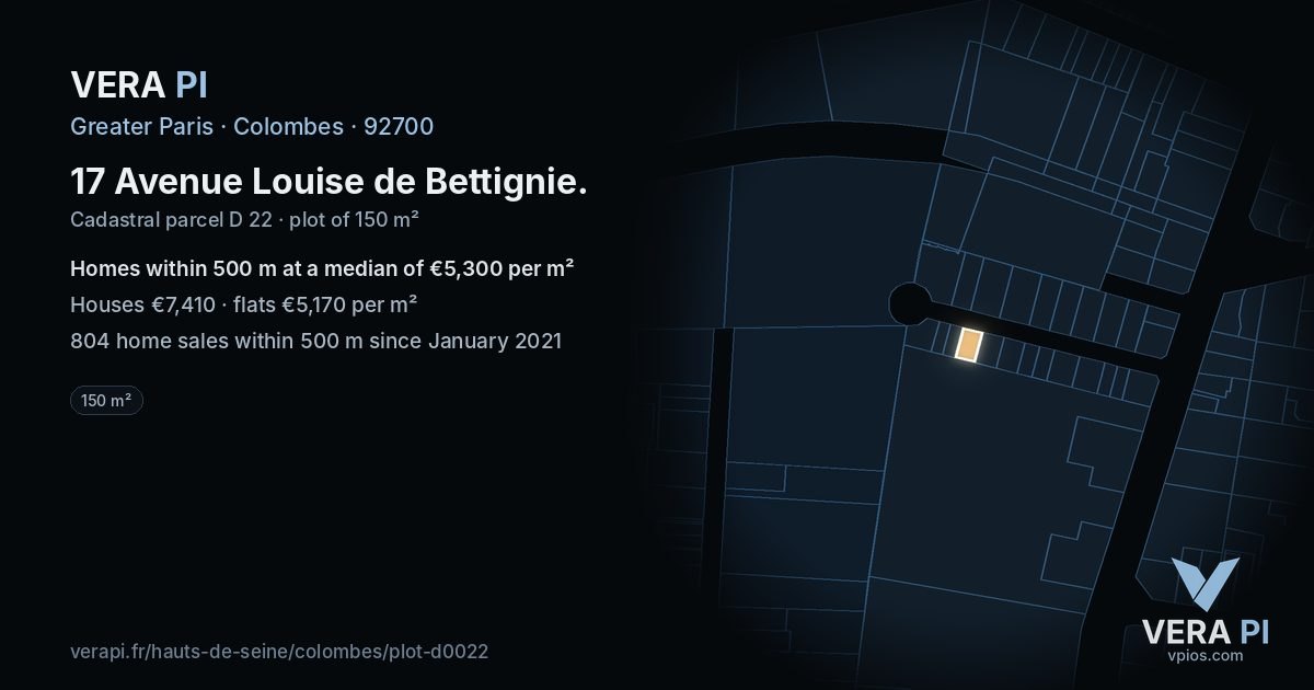 17 Avenue Louise de Bettignie, Colombes at night – the plot lit, the parcels around coloured by the prices near them