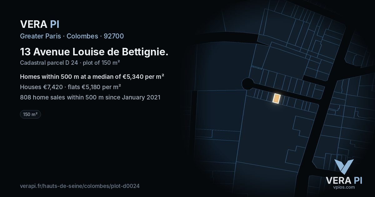13 Avenue Louise de Bettignie, Colombes at night – the plot lit, the parcels around coloured by the prices near them