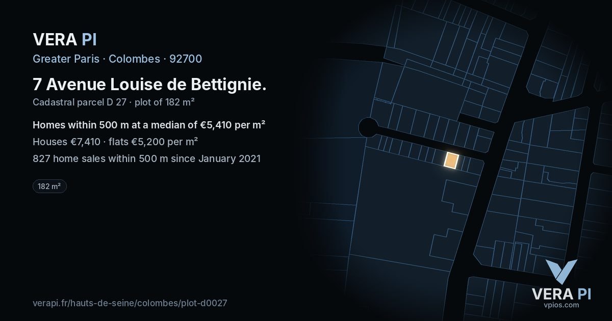 7 Avenue Louise de Bettignie, Colombes at night – the plot lit, the parcels around coloured by the prices near them