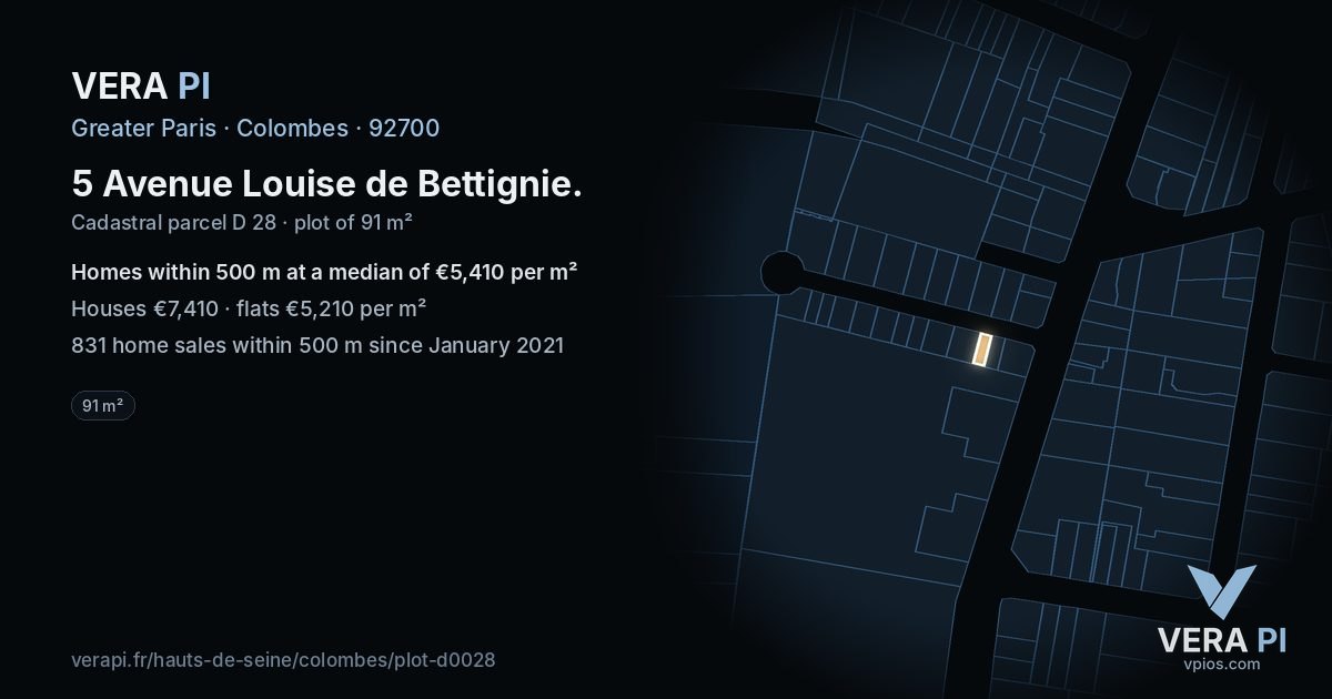 5 Avenue Louise de Bettignie, Colombes at night – the plot lit, the parcels around coloured by the prices near them