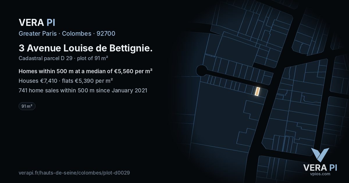 3 Avenue Louise de Bettignie, Colombes at night – the plot lit, the parcels around coloured by the prices near them