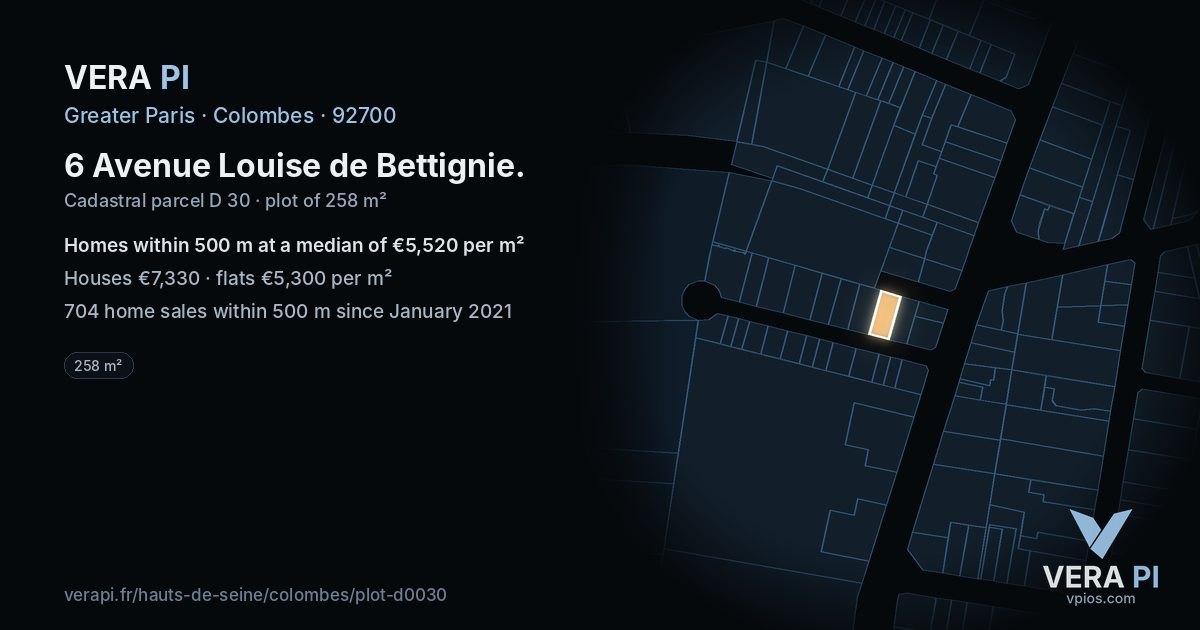 6 Avenue Louise de Bettignie, Colombes at night – the plot lit, the parcels around coloured by the prices near them