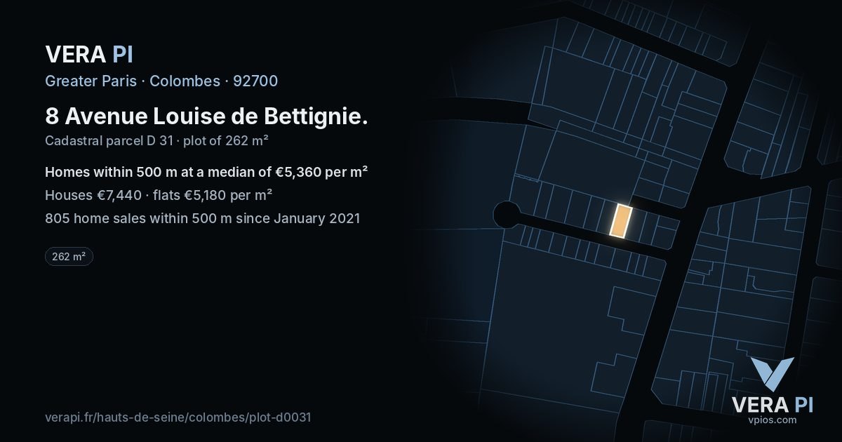 8 Avenue Louise de Bettignie, Colombes at night – the plot lit, the parcels around coloured by the prices near them