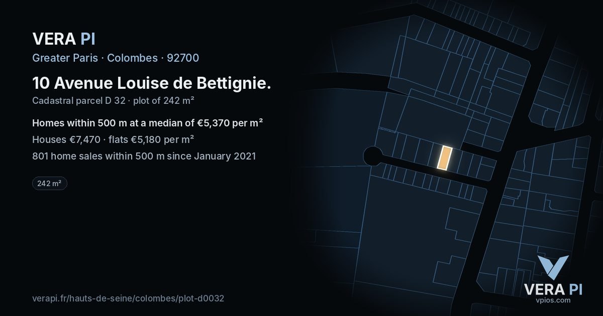 10 Avenue Louise de Bettignie, Colombes at night – the plot lit, the parcels around coloured by the prices near them