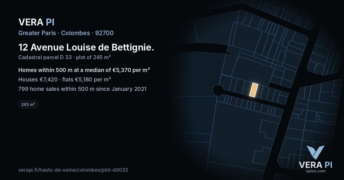 12 Avenue Louise de Bettignie, Colombes at night – the plot lit, the parcels around coloured by the prices near them