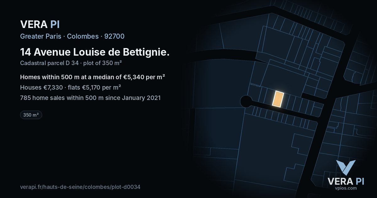 14 Avenue Louise de Bettignie, Colombes at night – the plot lit, the parcels around coloured by the prices near them