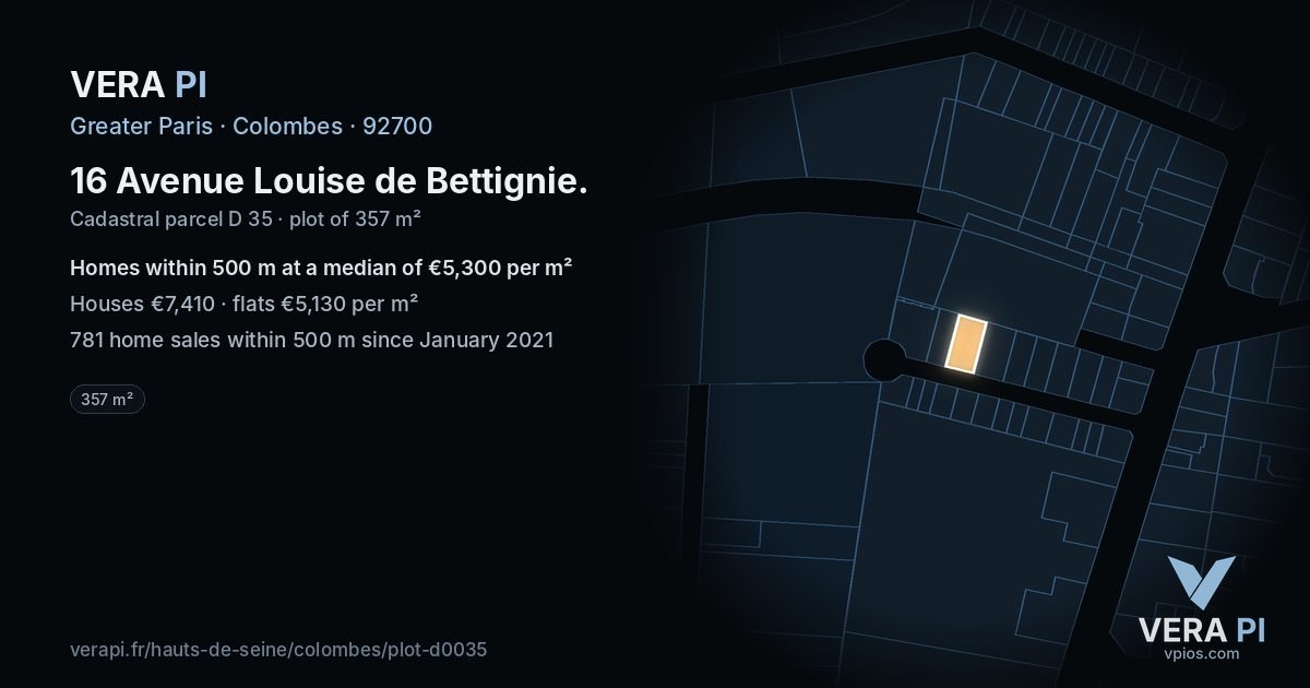 16 Avenue Louise de Bettignie, Colombes at night – the plot lit, the parcels around coloured by the prices near them