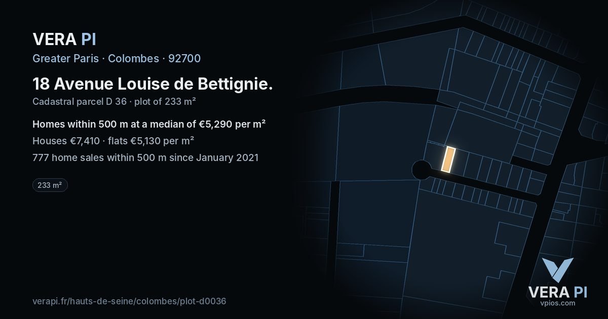 18 Avenue Louise de Bettignie, Colombes at night – the plot lit, the parcels around coloured by the prices near them