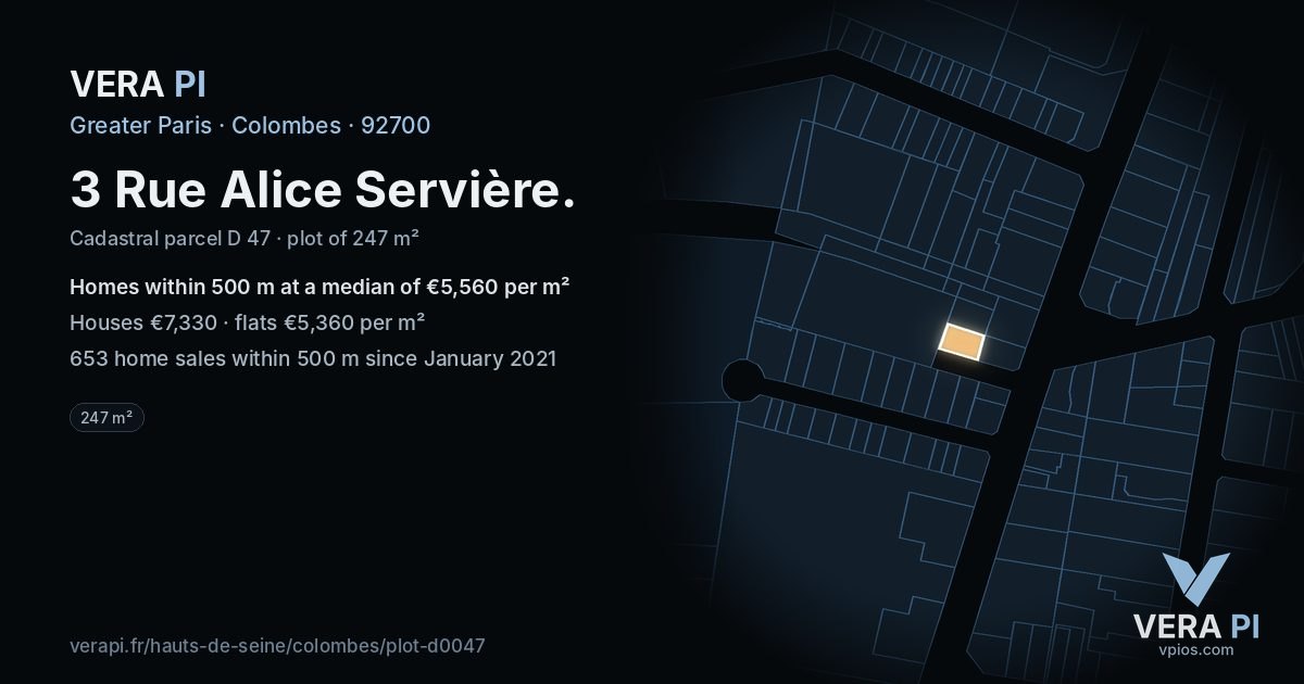 3 Rue Alice Servière, Colombes at night – the plot lit, the parcels around coloured by the prices near them