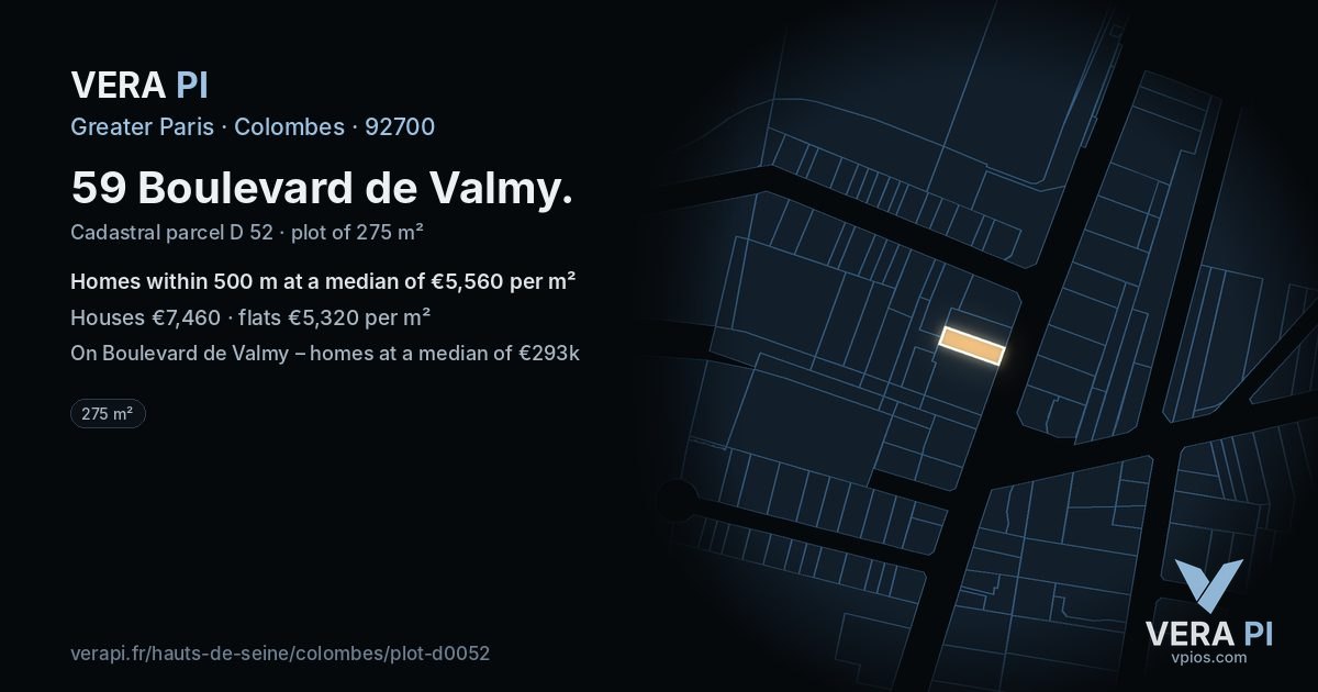 59 Boulevard de Valmy, Colombes at night – the plot lit, the parcels around coloured by the prices near them