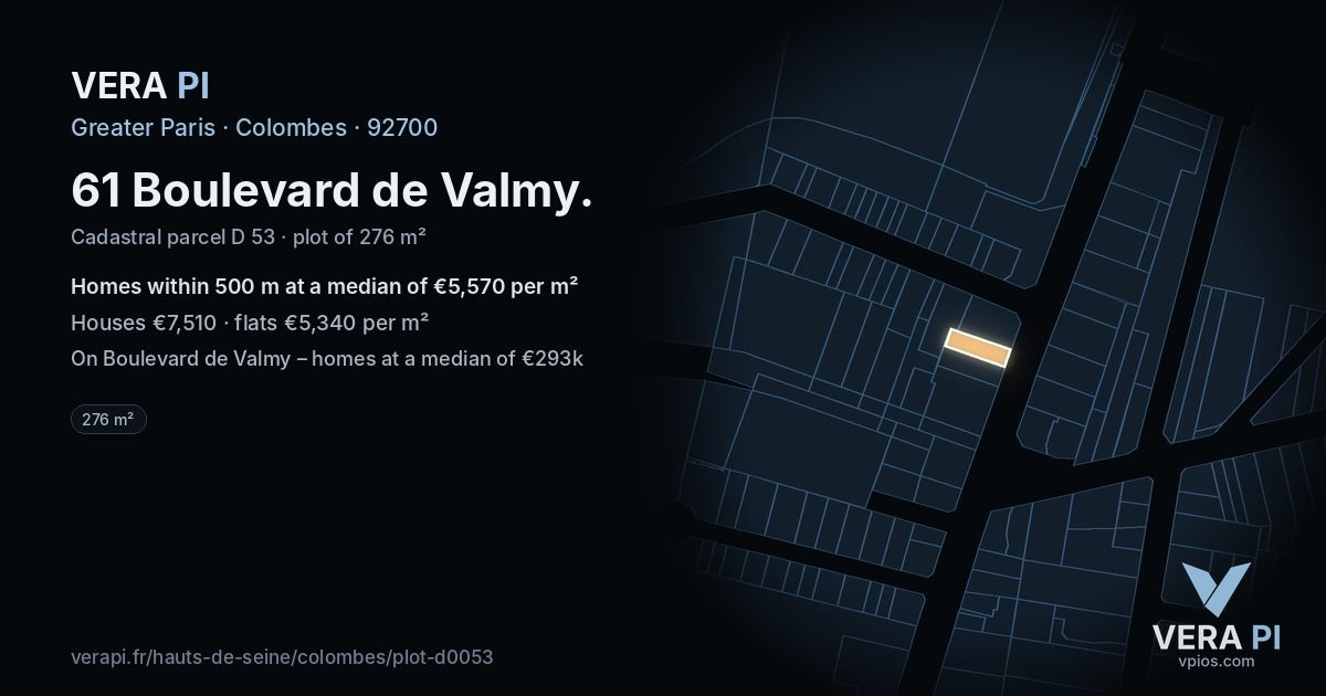 61 Boulevard de Valmy, Colombes at night – the plot lit, the parcels around coloured by the prices near them
