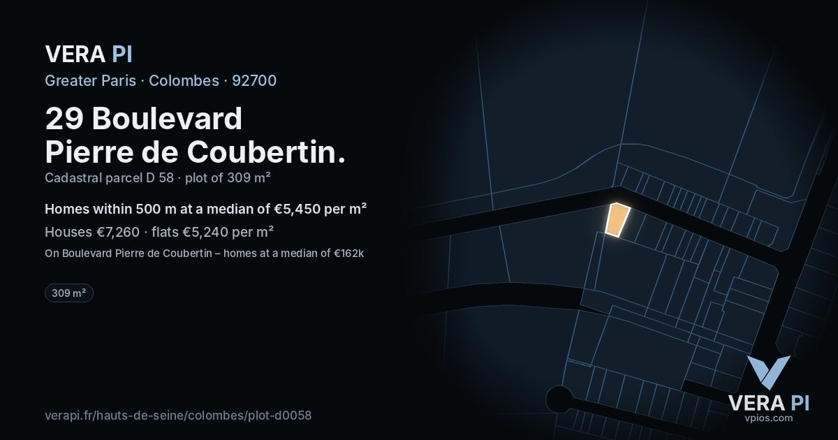 29 Boulevard Pierre de Coubertin, Colombes at night – the plot lit, the parcels around coloured by the prices near them