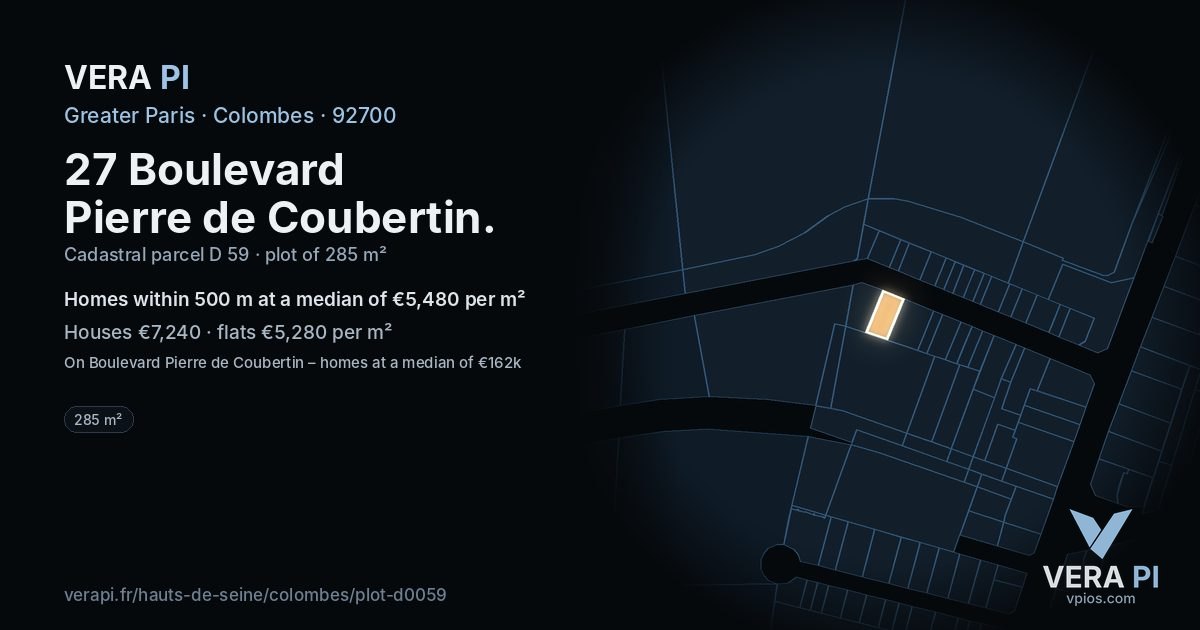 27 Boulevard Pierre de Coubertin, Colombes at night – the plot lit, the parcels around coloured by the prices near them