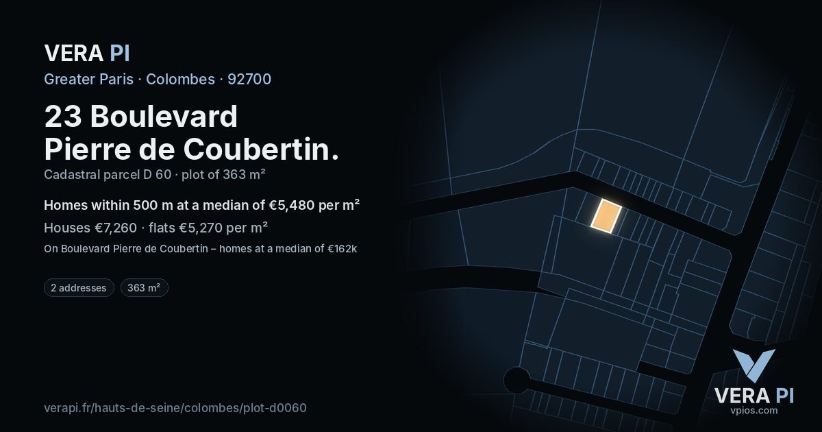 23 Boulevard Pierre de Coubertin, Colombes at night – the plot lit, the parcels around coloured by the prices near them