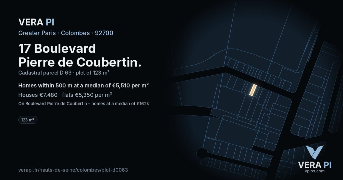 17 Boulevard Pierre de Coubertin, Colombes at night – the plot lit, the parcels around coloured by the prices near them