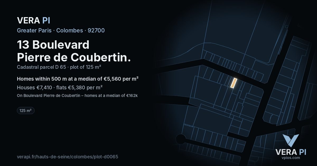 13 Boulevard Pierre de Coubertin, Colombes at night – the plot lit, the parcels around coloured by the prices near them