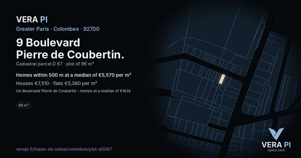 9 Boulevard Pierre de Coubertin, Colombes at night – the plot lit, the parcels around coloured by the prices near them