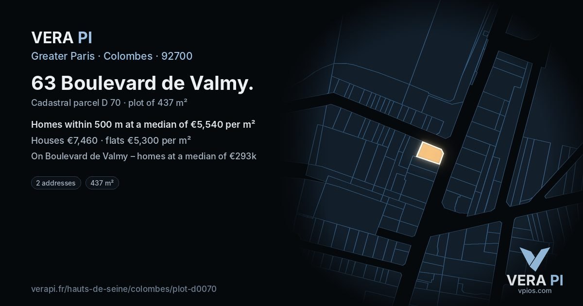 63 Boulevard de Valmy, Colombes at night – the plot lit, the parcels around coloured by the prices near them