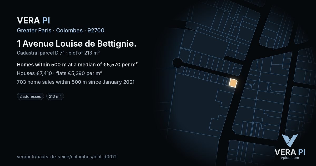 1 Avenue Louise de Bettignie, Colombes at night – the plot lit, the parcels around coloured by the prices near them