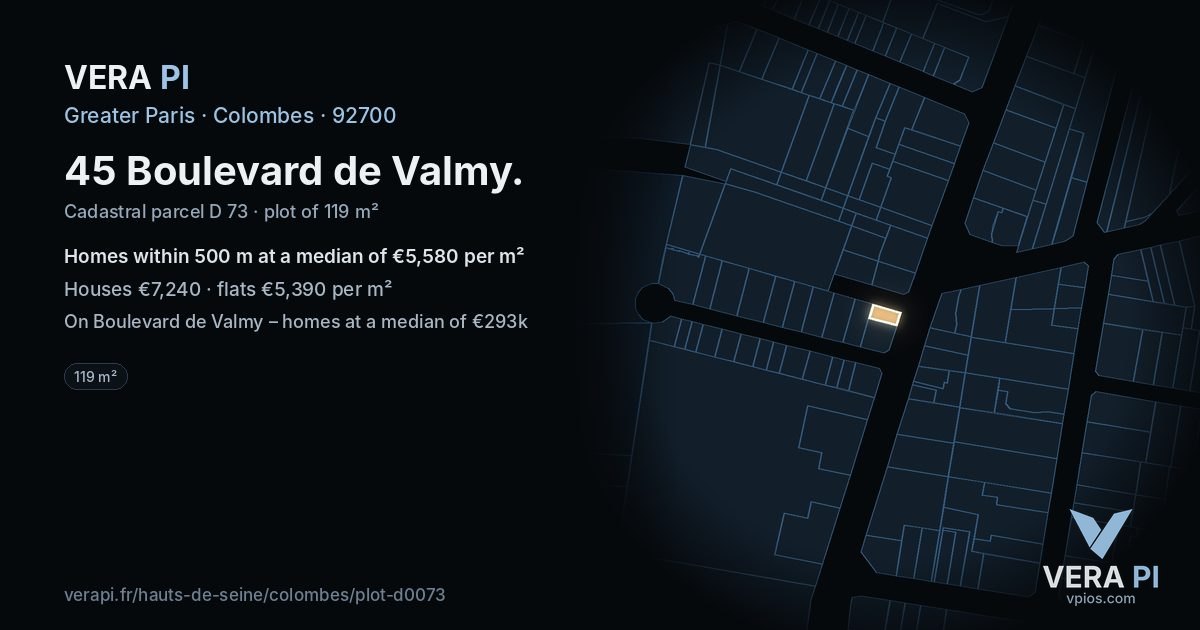 45 Boulevard de Valmy, Colombes at night – the plot lit, the parcels around coloured by the prices near them